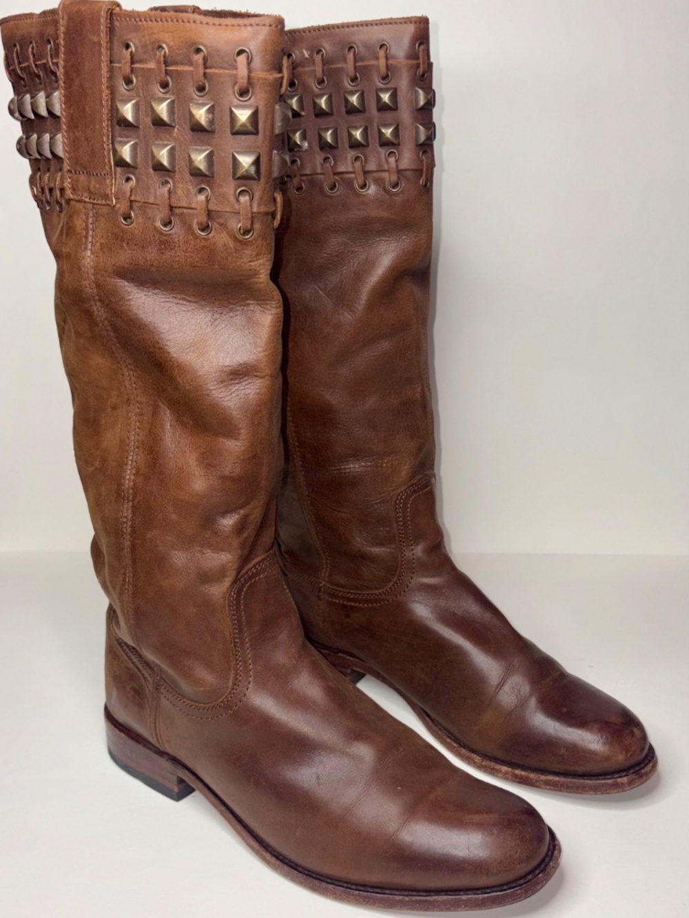 Sendra 9177 Brown Leather Studded Riding Boots Women’s 9 Knee High Spain